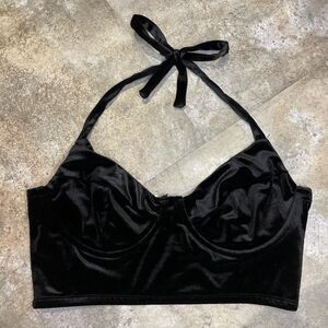 adika black velvet velour halter zip up bustier crop top size large